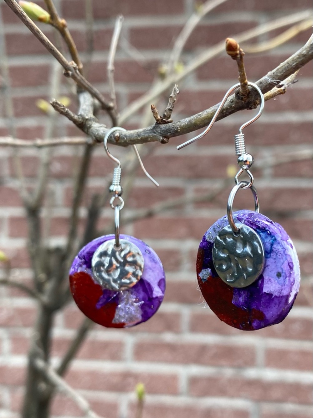 Hand-Painted Purple and Red Disc Drop Clay Earrings